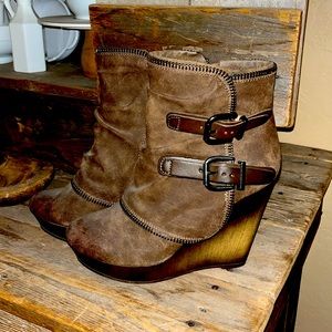 Brown leather wedge booties